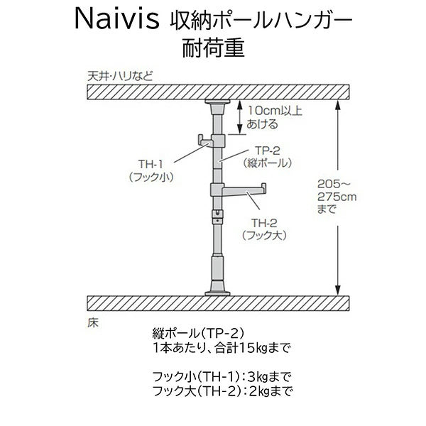 TOSO(トーソー) ナイビス つっぱり式 ポールハンガー 縦1本 セット 高さ 200～275cm フック付きセット 突っ張り式 収納ラック ホワイト ブラック つっぱり収納 つっぱり棚 コンパクト 収納棚 バッグ シンプル ミニマル キッチンラック 隙間収納 おしゃれ かわいい TOSO(トーソー)