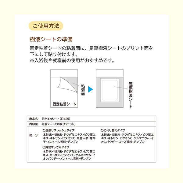 足裏樹液シート 足かるっシート 15セット（30枚入り）むくみ・冷え対策 日本製 高麗人参・ゲルマニウム配合 フットケア リラックス