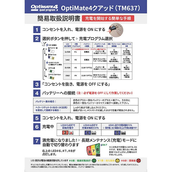 TecMATE OptiMate 4 Quad TM-637 バッテリー充電器 12V鉛/リチウム対応 公式認定店 バイク・自動車用