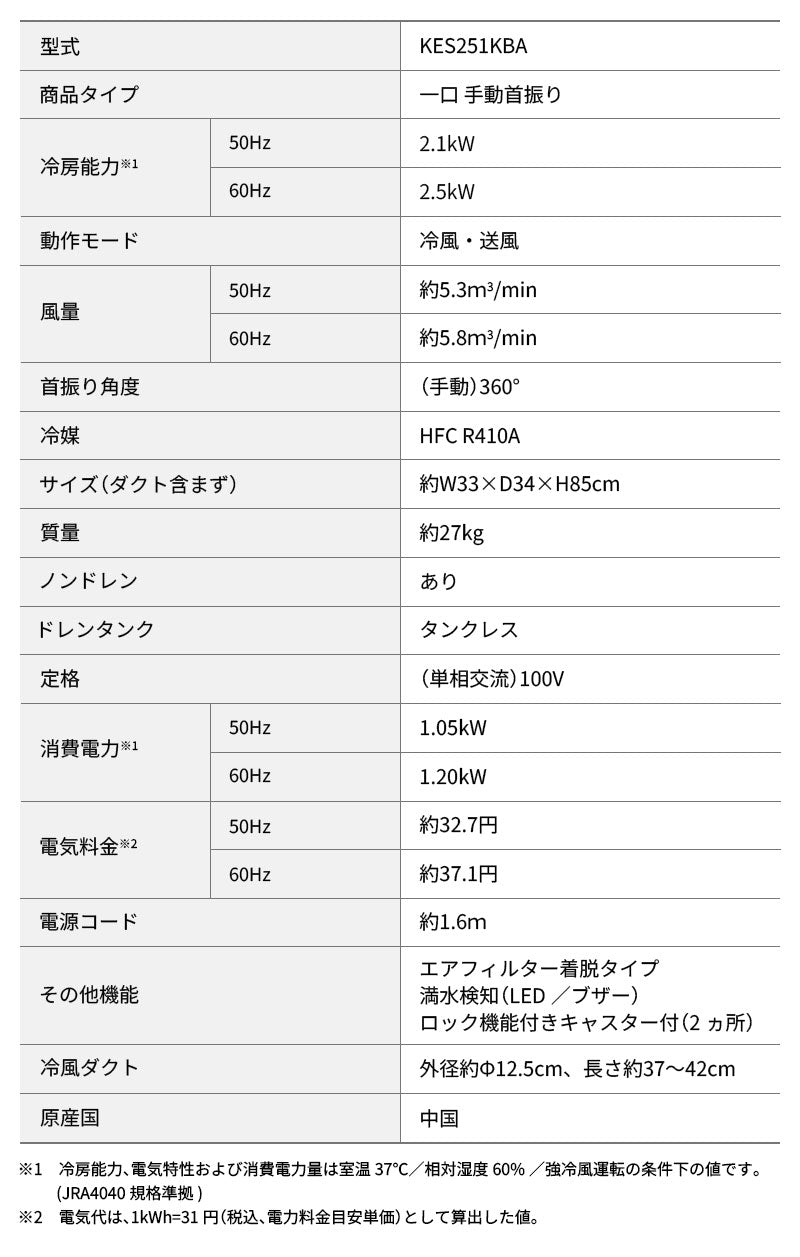 広電 スポットクーラー KES251KBA 冷風一口スリムモデル KES251KBA