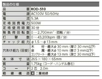 リリーフ ROD-510 振動ドリル 電気ドリル兼用型 500W 無段変速 回転+打撃切替機能付き RELIEF