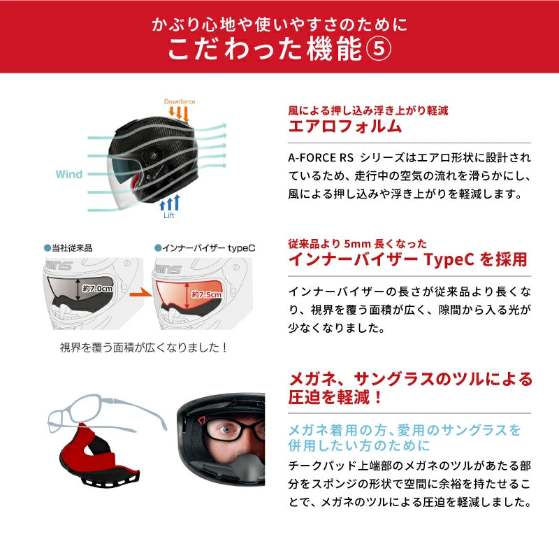 WINS ウインズ A-FORCE RS JET typeC ジェットヘルメット M/L/XL バイク用 エアロ形状 インナーバイザー付